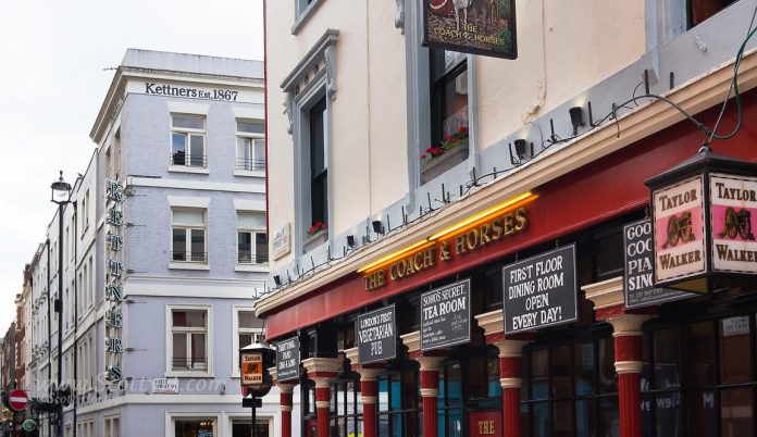 Soho, London - at the end of Greek Street, the Soho stalwarts The Coach and Horses pub and Kettners restaurant